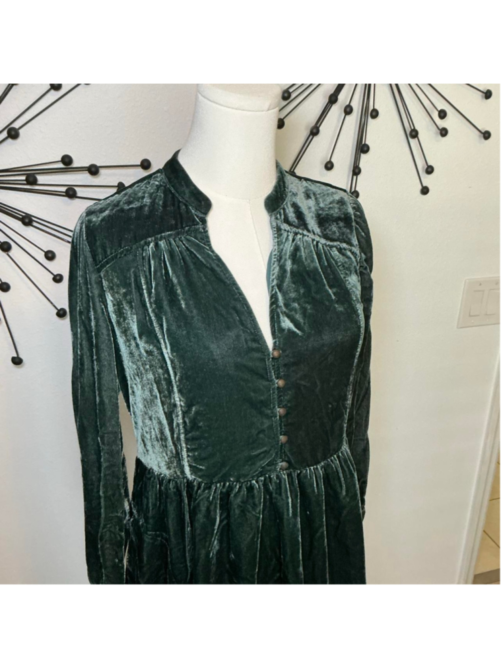 Holding Horses Green Velvet Babydoll Dress XS Cottagecore Boho Mini Dress - Picture 2 of 5